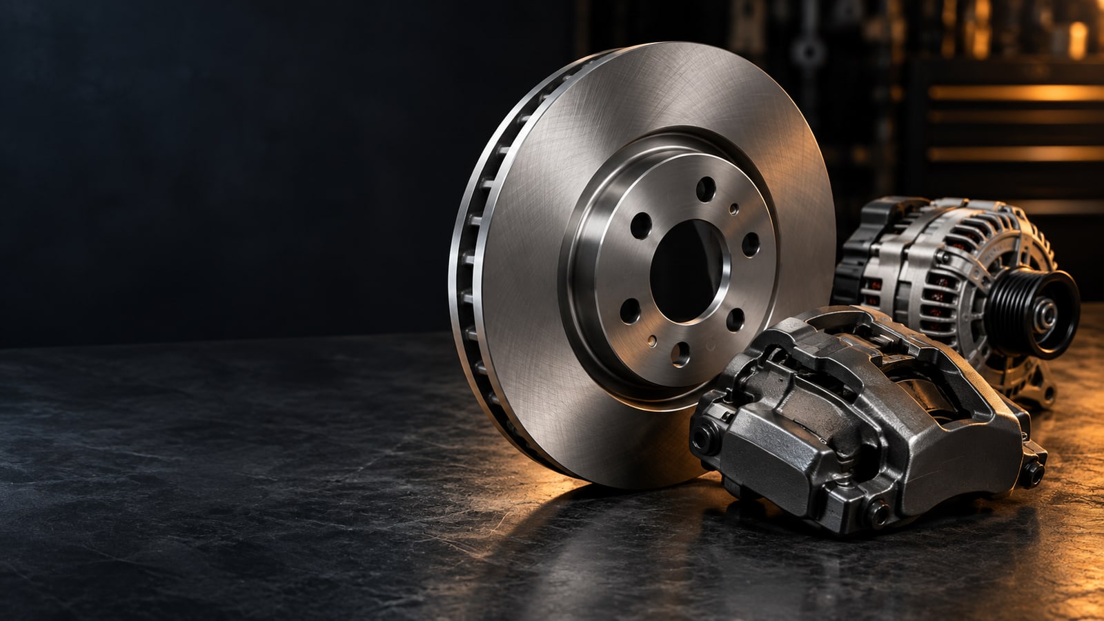 Illustrative automotive parts: a brake disc, caliper and alternator